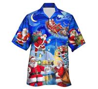 Men's Christmas Shirts Trendy Xmas Tree Snowflake Print Button Down Casual Short Sleeve Horror Ghost Themed Hawaiian Shirt Holiday Season Clothes Dark Blue