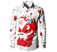 Mens Christmas Shirts Uk- Shirts for Men Slim Fit- Xmas Shirt 3D Printed Santa Claus Button Down Funny Funky Shirts Santa Gifts Regular Fit Hawaiian Costume Festive Holiday Party