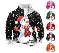 Mens Christmas Snowman Printed Sweatshirt Men's Fleece Jumper Xmas 1/4 Zipper Pullover Stand Collar Shirt Long Sleeve Hoodless Tops with Front Pocket Blouse Winter Warm Casual Jumpers Plus Size