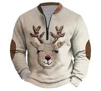 Mens Christmas Sweatshirt 1/4 Zip Pullover Tops Santa Claus Christmas Tree T-Shirt Reindeer 3D Printed Blouse Casual V Neck Jumper Funny Festive Holiday Sweatshirts Novelty Xmas Shirts S-3XL Khaki