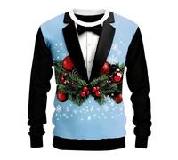Men's Christmas Ugly Jumper Full 8D Print Tuxedo Shirt-Style Print with Snowflakes & Baubles - Long Sleeve Xmas Pullover for Holiday Parties (S2-Dark Blue, S)