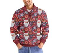 Mens Christmas Ugly Printed Sweatshirt Tops Men's Casual Fashion Loose 3D Santa Print Button Up Long Sleeve for Holiday Workout Xmas Gifts (Wine, XL)