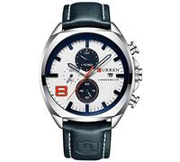 Mens Chronograph Silver/White Watch With Leather Strap, Classic Casual Stainless Steel Waterproof Date Analog Quartz Sports