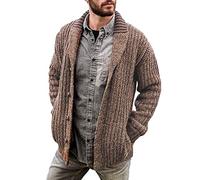 Mens Chunky Knit Cardigan Mens Autumn Chunky Knitted V Neck Buttoned Cable Knit Cardigans V Neck Button Down Cotton Knitwear Thick Lapel Slim-Type Solid Color Sweater