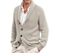 Mens Chunky Knit Cardigan Men's Long-Sleeve Fleece Shawl-Collar Cardigan Casual Slim Soft Sports Cardigan Slim Fit Cable Knit Button Up Cotton Sweater with Pockets