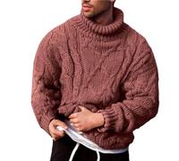 Mens Chunky Knit Jumper Turtleneck Long Sleeve Pullover Cable Twist Knitwear Thick Thermal Jumpers Loose Fit Cozy Sweater Fashion Casual Tops Winterpullover for Winter-Autumn Wear Red