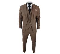 Mens Classic 3 Piece Suit Brown Pocket Chain Wedding Tailored Fit Vintage Formal - Brown 52