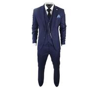 Mens Classic 3 Piece Suit Navy Blue Pocket Chain Wedding Tailored Fit Vintage Formal - Navy 52