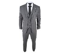 Mens Classic 3 Piece Suit Prince of Wales Check Grey Tailored Fit Vintage Wedding - Grey 52