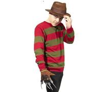 Men's Classic 80s Serial Killer 3-Piece Costume Set Halloween - Includes Fedora Hat, Red & Green Stripe Jumper & Glove Claw (Medium)