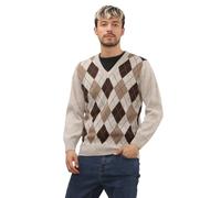 Mens Classic Argyle Knitted Jumper V-Neck - Retro Lightweight Acrylic Sweater, Warm Winter Pullover Long Sleeve Knitwear for Golf Casual Party Travel Beige L