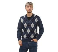 Mens Classic Argyle Knitted Jumper V-Neck - Retro Lightweight Acrylic Sweater, Warm Winter Pullover Long Sleeve Knitwear for Golf Casual Party Travel Navy L