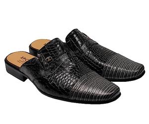Mens Classic Backless Shoes Snakeskin Effect Real Leather Slip on Half Loafers Mules [ M139-692-GRAY-BLACK-44 ]