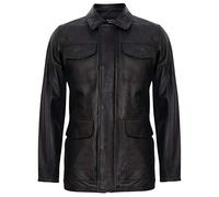 Men's Classic Black Genuine Real Leather Safari Parker Trench Jacket L