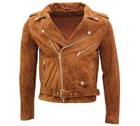Men's Classic Brando Casual Tan Suede Leather Biker Jacket XS