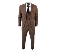 Men's Classic Brown Suit 3 Piece Tailored Fit Vintage Office Wedding Prom - Brown 48