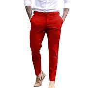 Mens Classic Casual Business Office Work Smart Pants Formal Dress Pants Comfort Flat-Front Stretch Pleated Chino Golf Trousers Loose Straight Leg Everpress Pants Cotton Twill Long Slacks Red