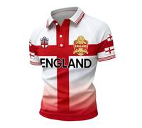 Mens Classic Collared Polo Shirt England Football Three Lions Print Short Sleeve Summer Casual Quick Dry Breathable Retro Lightweight Supporters Top Red XXXL