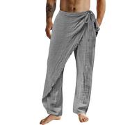 Mens Classic Distressed Thai Fisherman Pants Elasticated Waist Side Lace Up Solid Fisher Trousers Drawstring Home Sleep Pants Loose Fit Breathable Lightweight Casual Cotton Linen Beach Yoga Pants