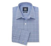 Men's Blue Prince of Wales Check Cotton Classic Fit Formal Shirt - Double Cuff - Size: 17.5" x Standard - 36" - Savile Row Company