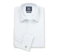 Men's White Blue Cotton Twill Window Check Classic Fit Formal Shirt - Double Cuff - Size: 16" x Standard - 34.5" - Savile Row Company