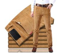 Men's Classic-Fit Corduroy Pant, Fall Winter Casual Pleated Pants,Stylish & Comfortable Hidden Extra, Straight Trousers (Khaki,34)