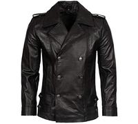 Mens Classic German Navy Military Peacoat Black Cowhide Leather Jacket