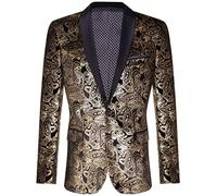 Mens Classic Gold Paisley Black Velvet Tuxedo Dinner Jacket Tailored Fit Blazer