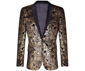 Mens Classic Gold Paisley Black Velvet Tuxedo Dinner Jacket Tailored Fit Blazer