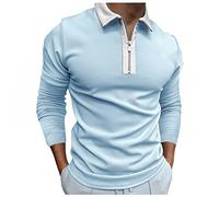 Men's Classic Long Sleeve Polo Shirt Zip Up Casual Fall Slim Fit T-Shirts Basic Solid Turn-Down Collar Tops Blouse Tees Light Blue