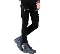 Mens Classic Motorcycle Riding Ribbed Denim Pants Motorbike Jeans Multi-Pocket Slim Fit Cargo Work Jeans Trousers with Multi Zipper Black 30