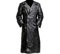 Men's Classic Officer WW2 Military Uniform Black Leather Vintage German Style Slim fit Double Breasted Long Trench Coat (XXL, Real Leather)