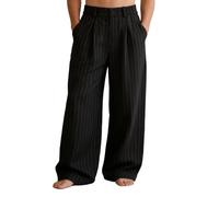 Men's Classic Pinstripe Pleated Pants - Baggy Wide Leg, Elastic Waist Loose Fit, Work Trousers, Vintage#g Black