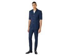 Mens Classic Short Sleeve 2 Piece Safari Suit Black Navy Smart Retro Tailored [SUIT-8220S-2-NURU-NAVY, UK/US 42 EU 52]