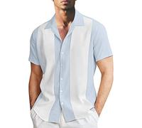 Men's Classic Short Sleeve Shirt, Two-Tone Striped Bowling Shirts, Button Closure, Hawaiian Shirt, Summer Shirt, Men's Regular Fit Shirt, Casual Comfortable Shirt