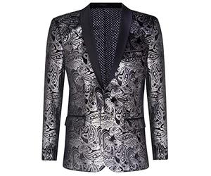 Mens Classic Silver Paisley Black Velvet Tuxedo Dinner Jacket Tailored Blazer