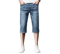 Men's Classic Straight Below Knee Long Jeans Shorts High Waist Slim Jean Short-pant Casual Outdoor Cropped Denim Short, Blue, 32