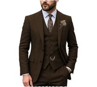 Men's Classic Suits Regular Fit 3 Piece Prom Tuxedos Tweed Herringbone Jacket+Vest+Trousers Wedding Grooms, Coffee, S