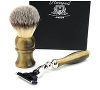 Mens Classic Synthetic Hair Shaving Brush Stimulated Horn Handle & 3 Edge Razor with Horn Handle Perfect Shaving Gift Set