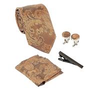 Mens Classic Tonal Paisley Brown Gold Tie Cufflink 5 Piece Set