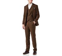 Mens Classic Tweed 3 Piece Suit Tan Brown Herringbone Navy Check Retro Tailored Fit[SUIT-X6680-1-TAN-54,UK/US 54 EU 64,Trouser 48"]