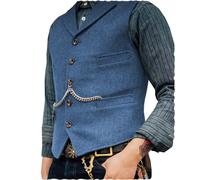 Mens Classic Wool Tweed Suit Vest Casual Sleeveless Jacket Herringbone Waistcoat for Tuxedos, Blue, X - S