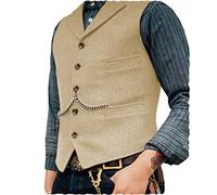 Mens Classic Wool Tweed Suit Vest Casual Sleeveless Jacket Herringbone Waistcoat for Tuxedos, Champagne, 3XL