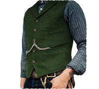 Mens Classic Wool Tweed Suit Vest Casual Sleeveless Jacket Herringbone Waistcoat for Tuxedos, Green, Large