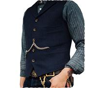 Mens Classic Wool Tweed Suit Vest Casual Sleeveless Jacket Herringbone Waistcoat for Tuxedos, Navy, XL