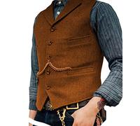 Mens Classic Wool Tweed Suit Vest Casual Sleeveless Jacket Herringbone Waistcoat for Tuxedos, Orange, 3XL