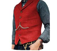 Mens Classic Wool Tweed Suit Vest Casual Sleeveless Jacket Herringbone Waistcoat for Tuxedos, Red, XXXL