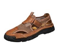 Men's Close Toe Arch Support Sandals Mesh Hollow Leather Comfortable Summer Sport Sandal Lightweight Orthopedic Running Shoes Breathable Slip On Beach Shoe (Brown, 10)