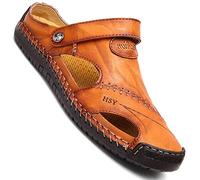Men's Close Toe Casual Leather Comfort Shoes Sandals Flat Shoes, Light Brown, 40 EU