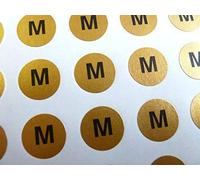 Mens Clothes Size Stickers, Size M, Black on Gold 16x16mm Circle Self-Adhesive Clothing Labels